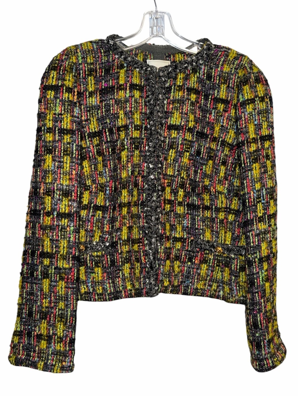 Cropped Multicolor Tweed Jacket - Black, Yellow & Pink